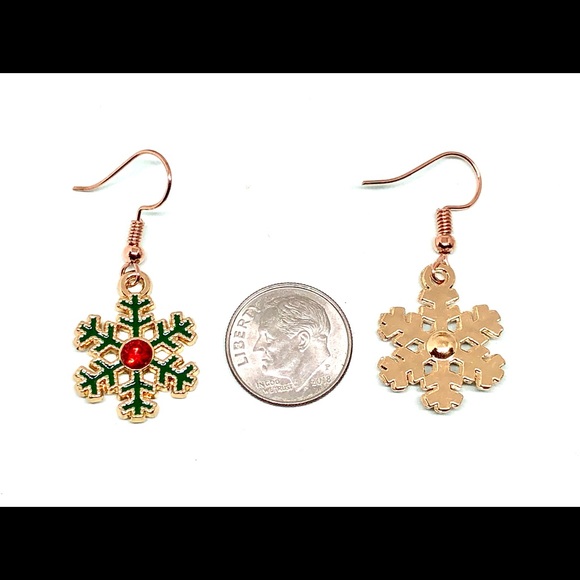 Christmas Green Enamel Red Crystal Rhinestone Snowflake Rose Gold Plate Earrings - Picture 4 of 4